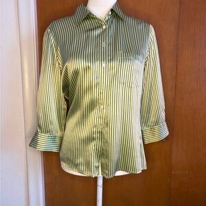 Green Silk Pinstripe Button Down Blouse 3/4 Sleeve Size S/M